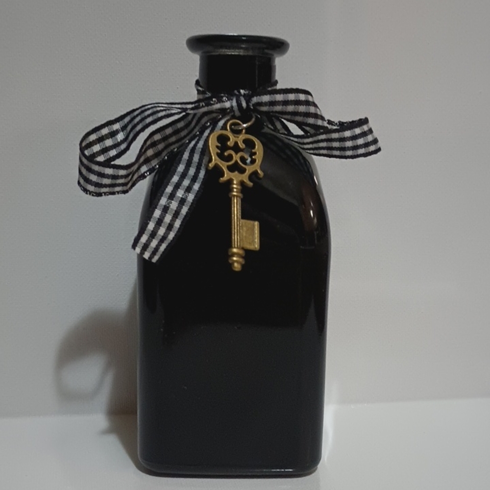 Black Decorative Glass Bottle with Gingham Ribbon & Gold Key Charm
